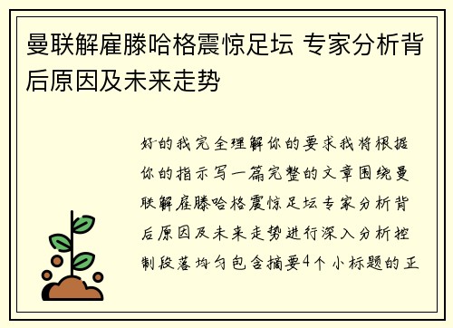 曼联解雇滕哈格震惊足坛 专家分析背后原因及未来走势