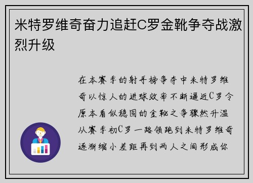 米特罗维奇奋力追赶C罗金靴争夺战激烈升级