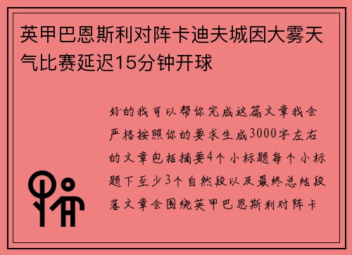 英甲巴恩斯利对阵卡迪夫城因大雾天气比赛延迟15分钟开球